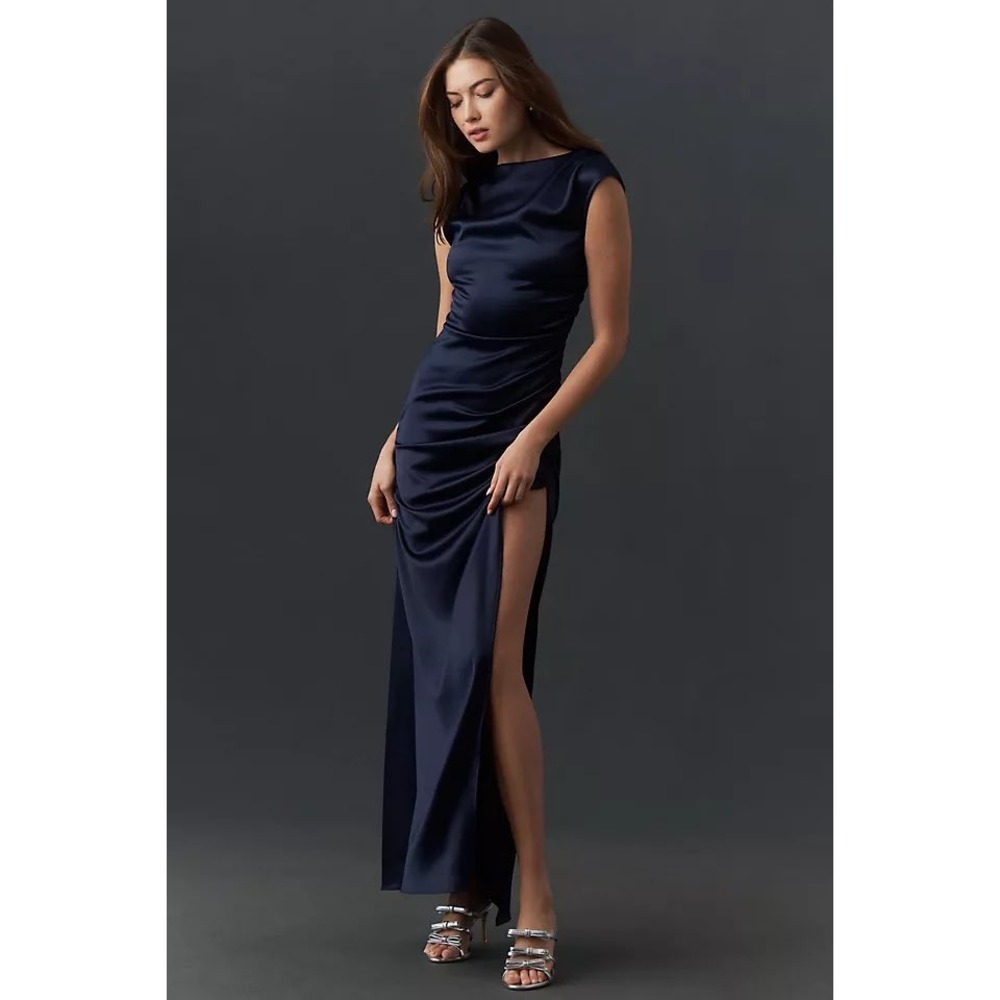 BHLDN Francesca High Neck Stretch Satin Maxi Dress Women's XS Navy Formal